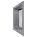 Silver PlexiDor dog door for walls, angled view showing the tunnel