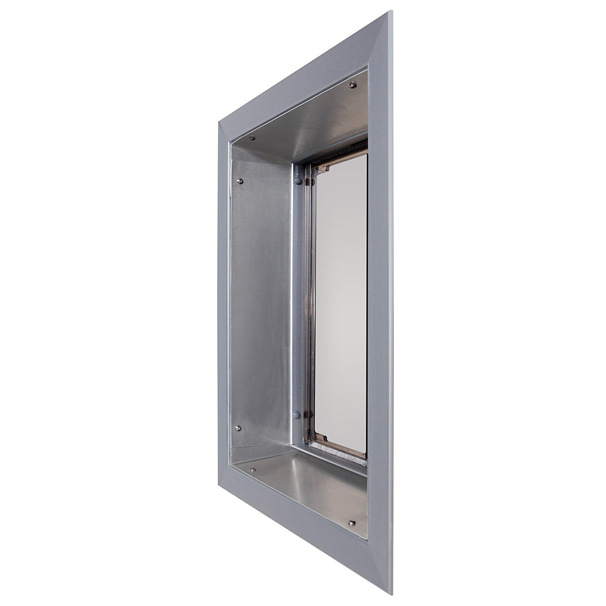 Silver PlexiDor dog door for walls, angled view showing the tunnel