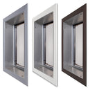 PlexiDor wall mount dog doors in silver, white and bronze, angled tunnel view