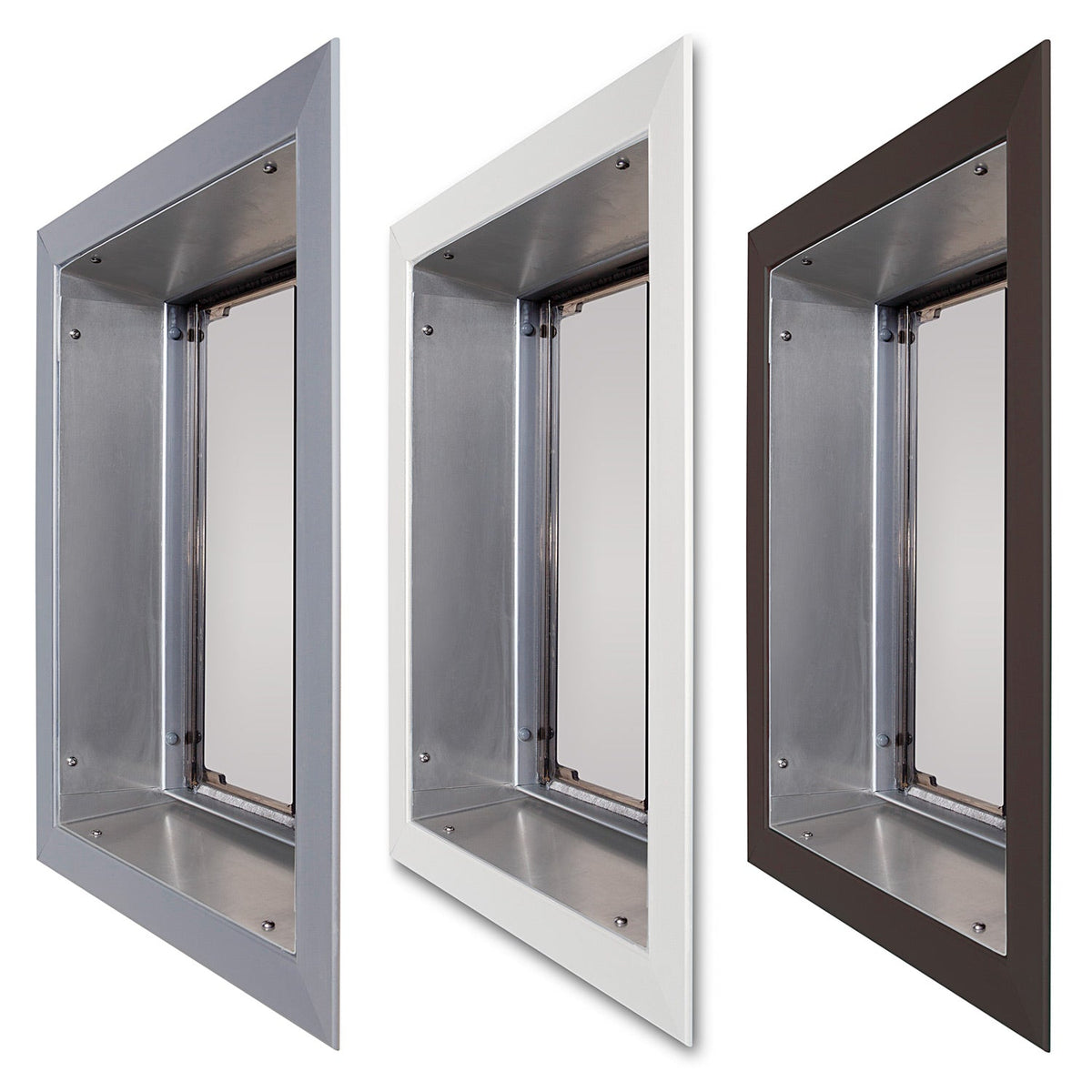 PlexiDor wall mount dog doors in silver, white and bronze, angled tunnel view