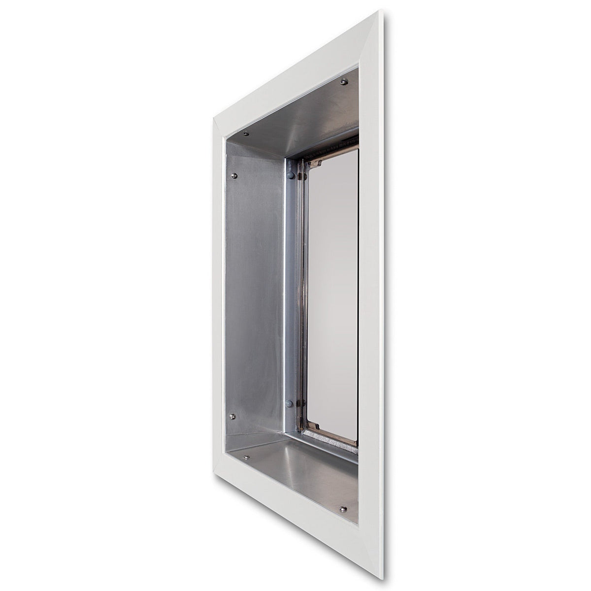 White PlexiDor dog door for walls, angled view showing the tunnel
