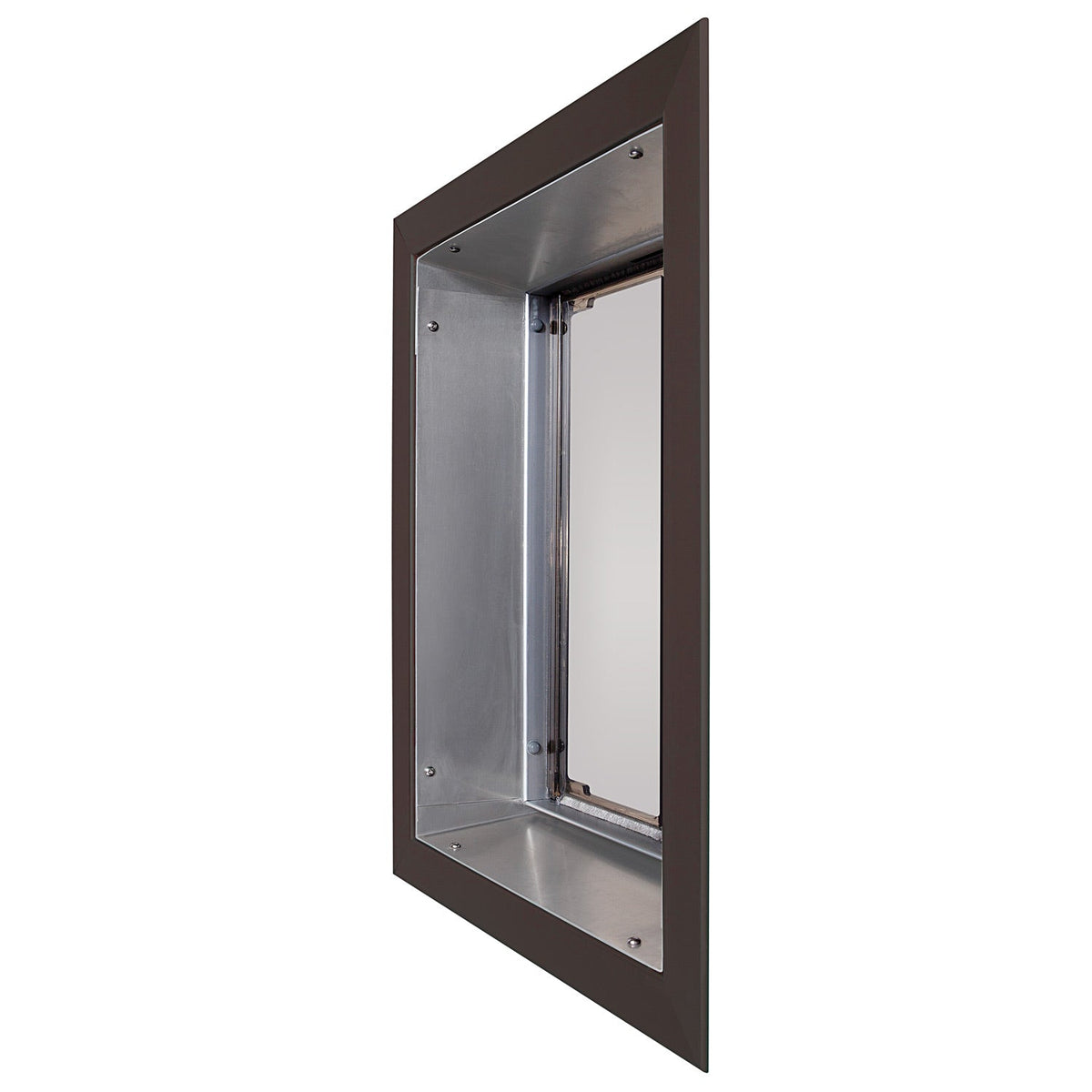 Bronze PlexiDor dog door for walls, angled view showing the tunnel