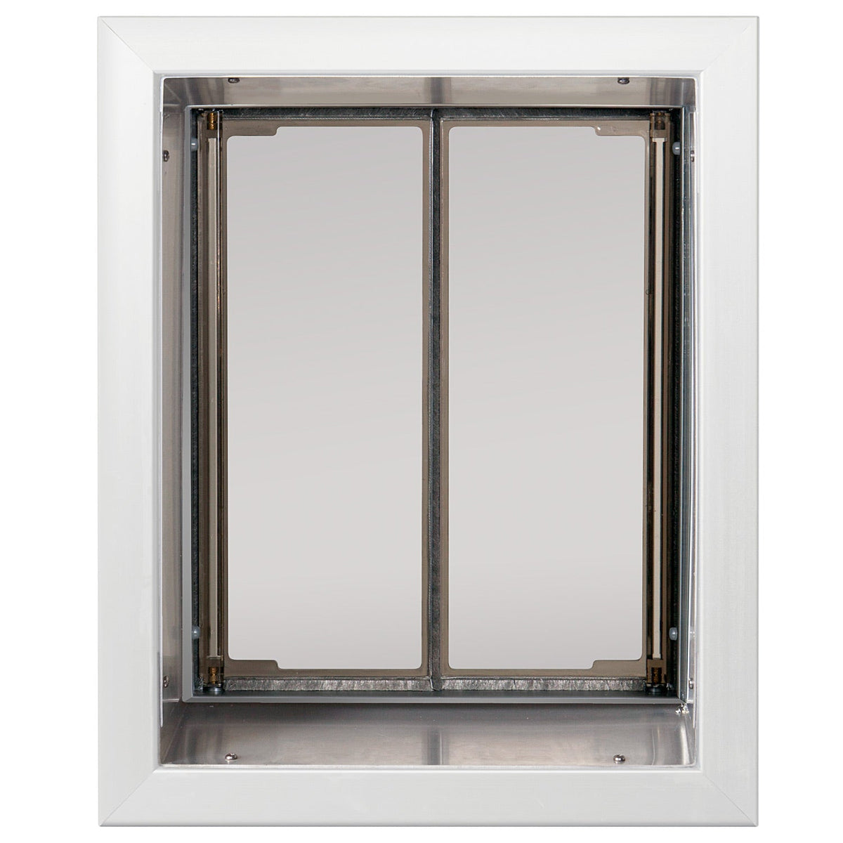 PlexiDor through wall dog door in white, front view of panels and tunnel