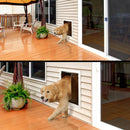 Golden retriever stepping out through a PlexiDor wall dog door onto a deck